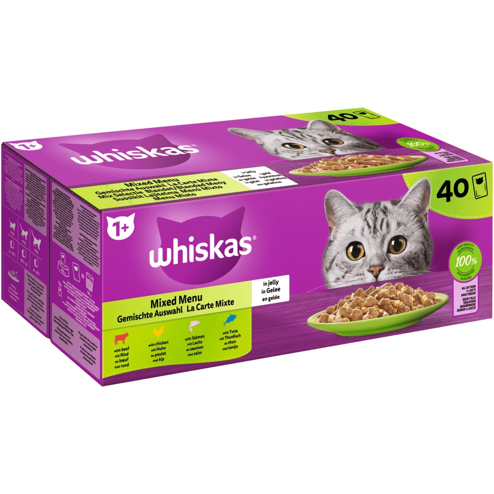 WHISKAS® 1+ Gemischte Auswahl 4 Varietäten in Gelee, Multipack 40 x 85g - 1