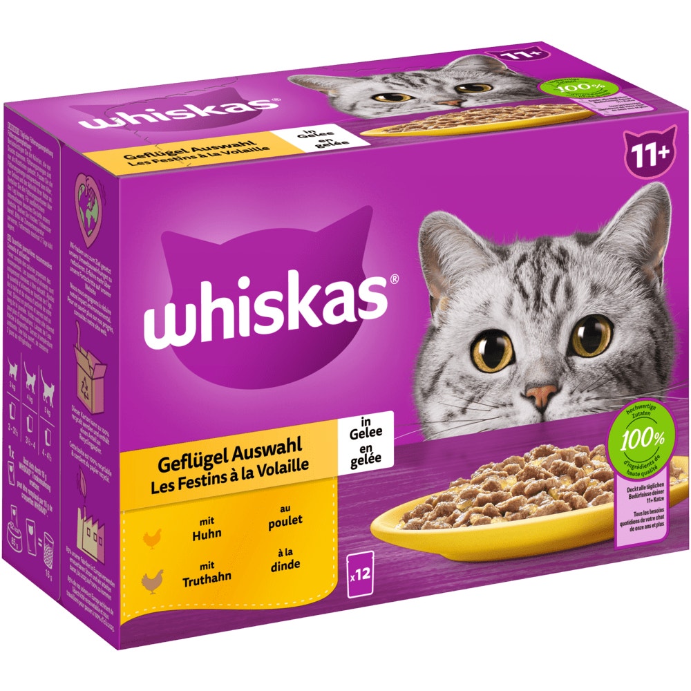 WHISKAS® 11+ Geflügel Auswahl in Gelee, Multipack 12 x 85g - 1