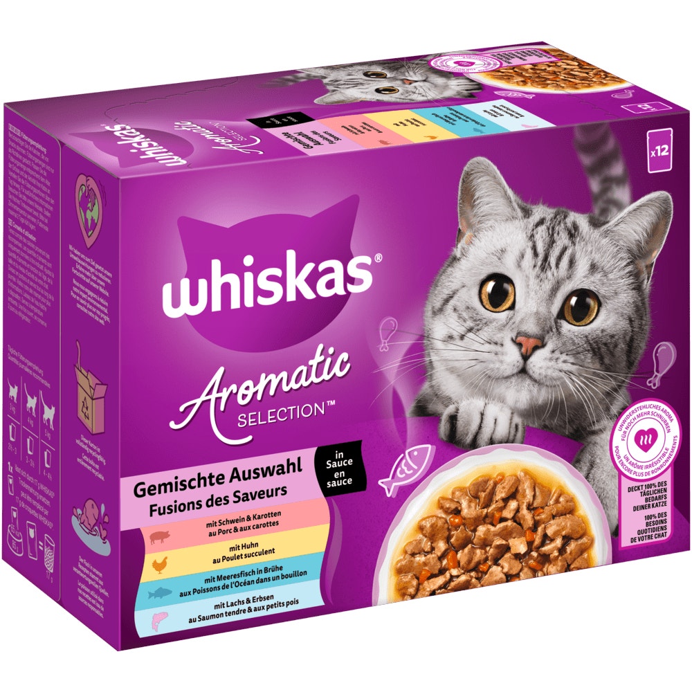 WHISKAS® AROMATIC SELECTION™ 1+ Gemischte Auswahl 4 Varietäten Schwein, Huhn, Meeresfisch, Lachs in Sauce, Nassfutter, 12, 24 & 40 x 85g - 1