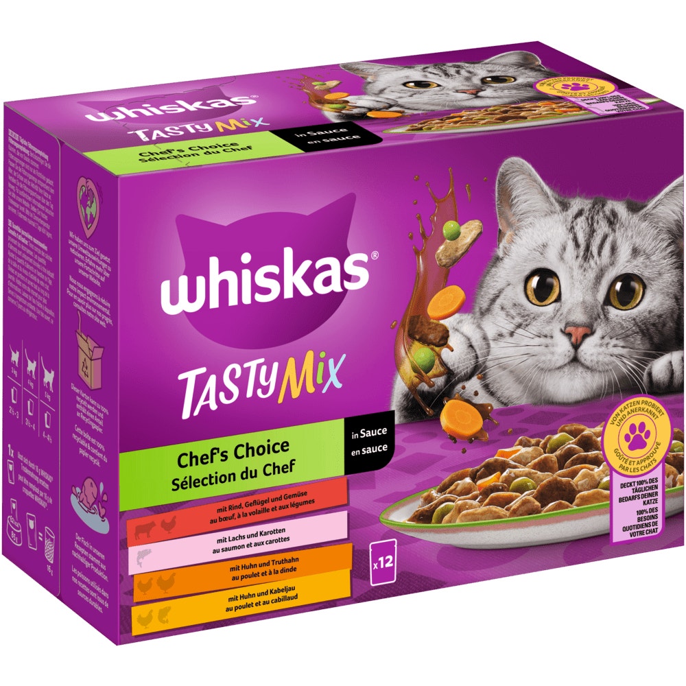 WHISKAS® Tasty Mix Chef's Choice in Sauce, Nassfutter, 12, 24, 40 & 60 x 85g - 1